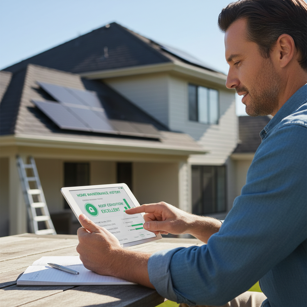 A homeowner reviewing a digital home maintenance history on a tablet, with a clean roof condition score report visible on screen