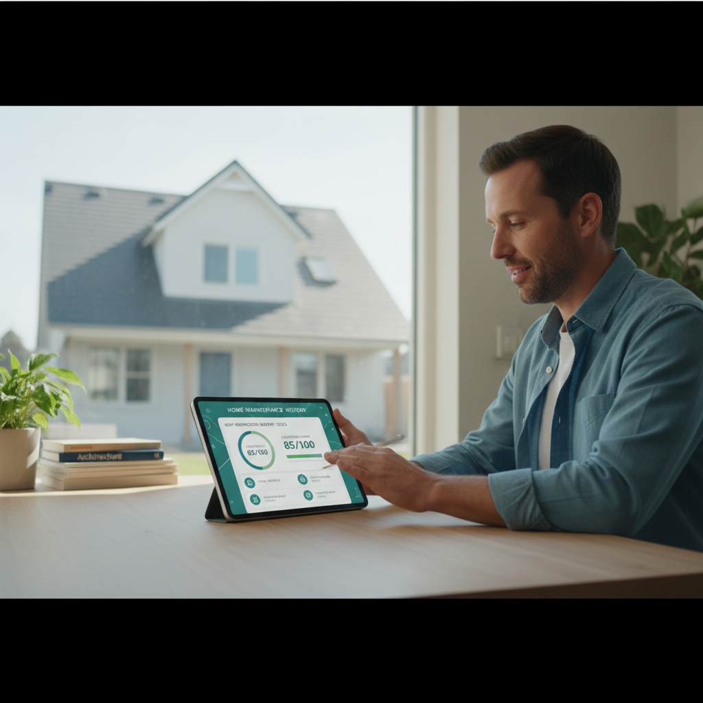 Homeowner reviewing a digital home maintenance history on a tablet, with a roof inspection report and condition score visible on screen