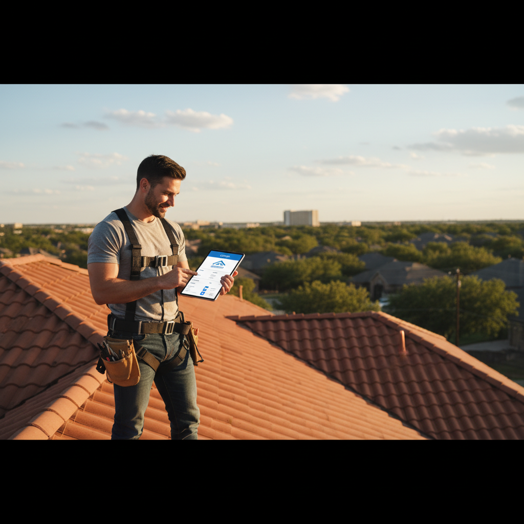 A professional roofing inspector reviewing a clean digital roof condition report on a tablet while standing on a residential roof in Texas