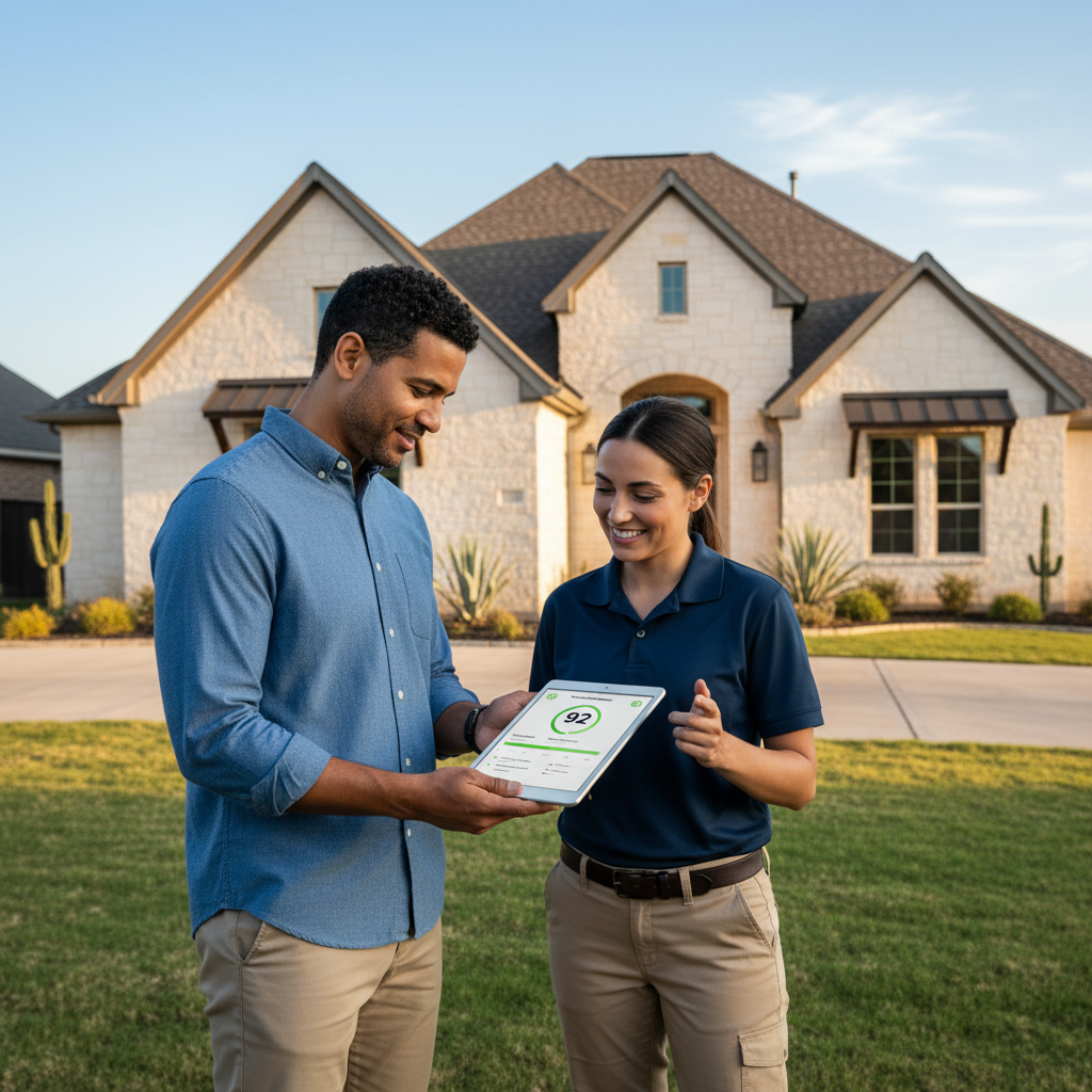 A homeowner reviewing a simple 0-to-100 roof health score report on a tablet while standing outside their Texas home