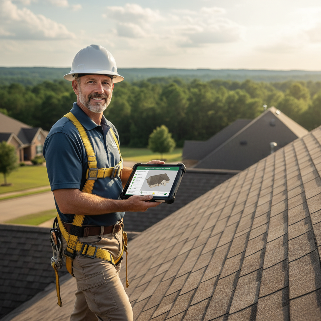 A roofing inspector reviewing a clean, standardized digital roof condition report on a tablet while standing on a residential roof in East Texas
