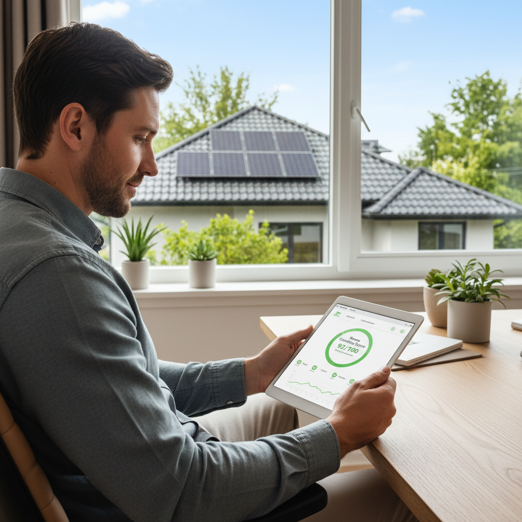 A homeowner reviewing a digital home condition score on a tablet, with a well-maintained roof visible through a window in the background