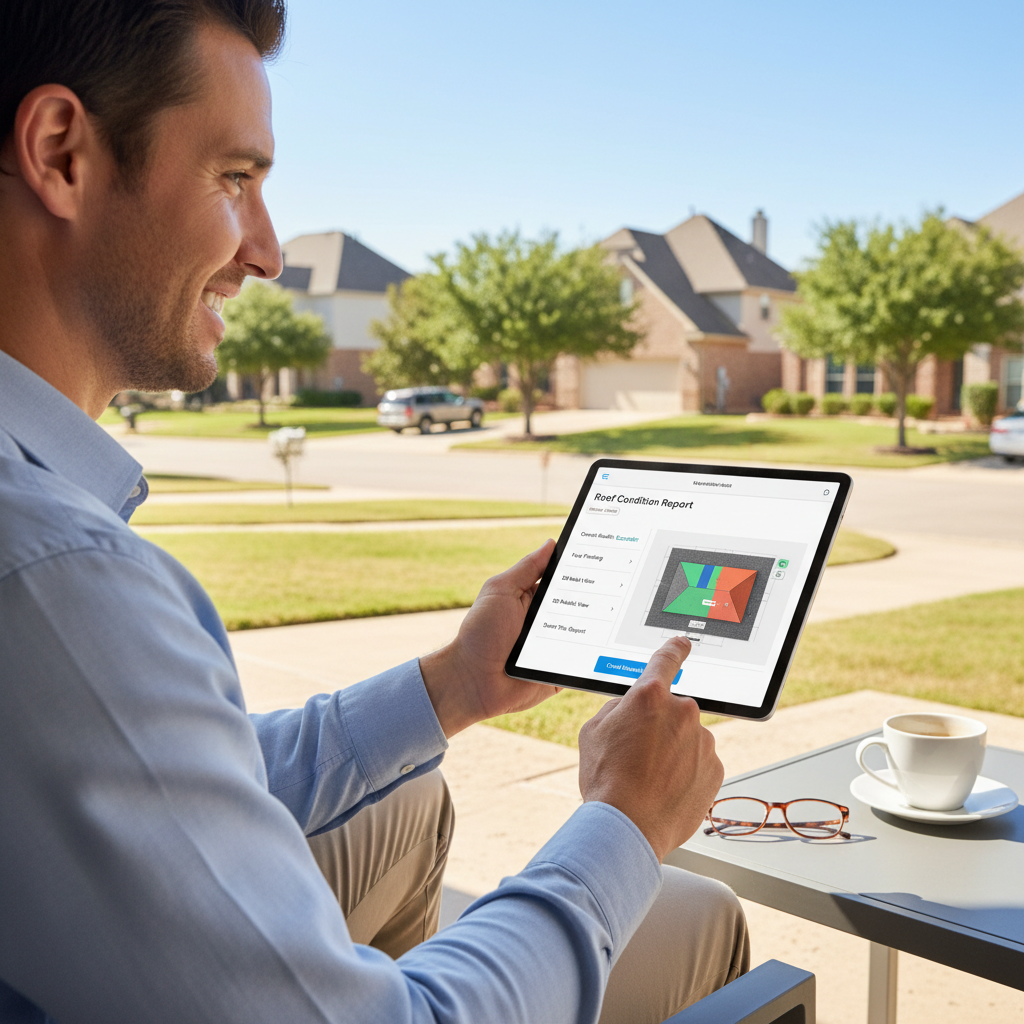 A homeowner on a tablet reviewing a shareable digital roof condition report before listing their Texas home for sale