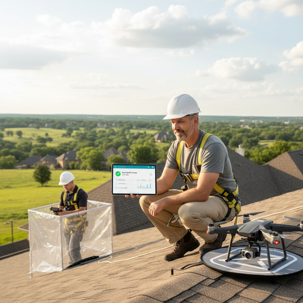 A roofing professional reviewing a tablet with a clean roof health score report on a residential rooftop in East Texas