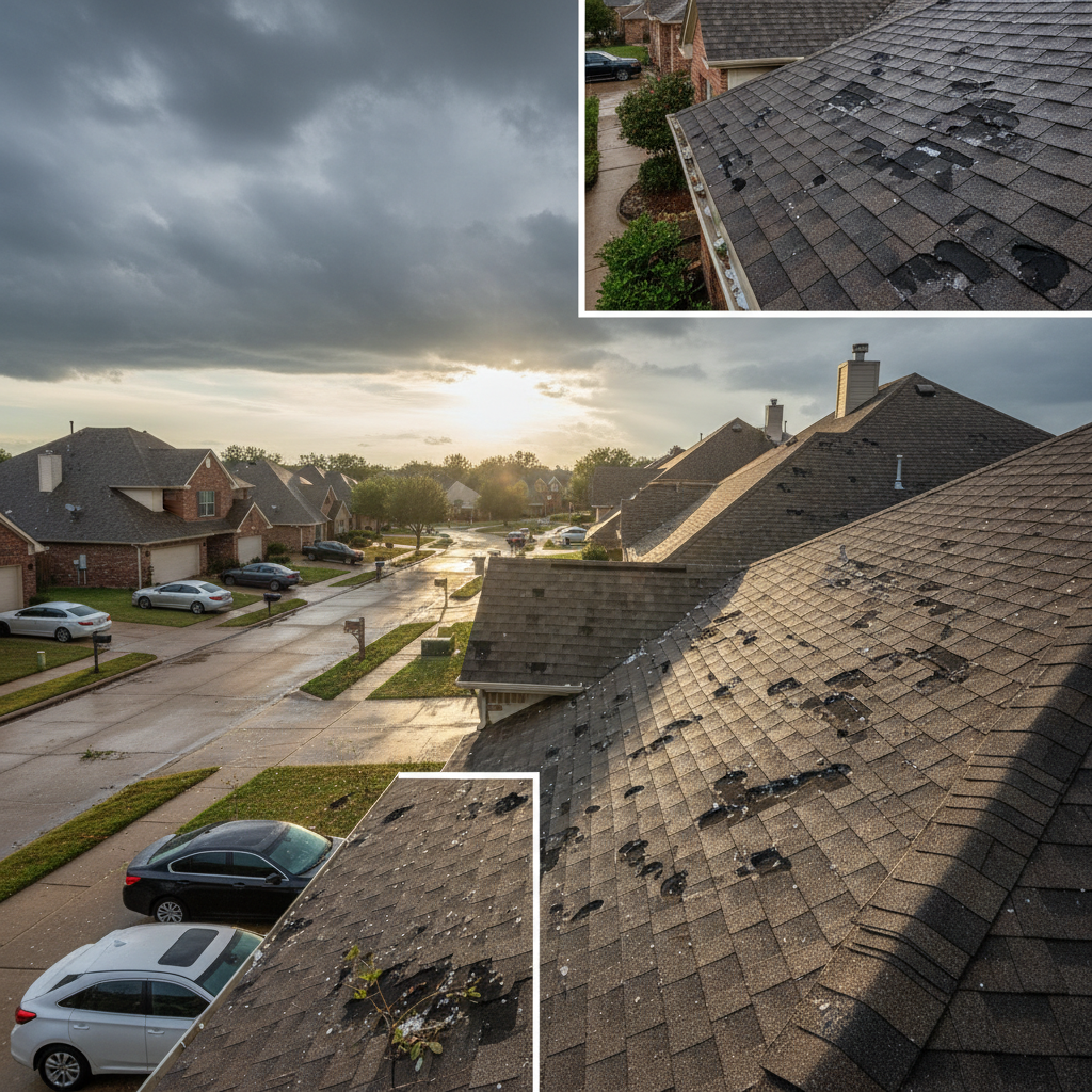 Storm clouds over an East Texas neighborhood with visible hail damage on asphalt shingles after a severe weather event