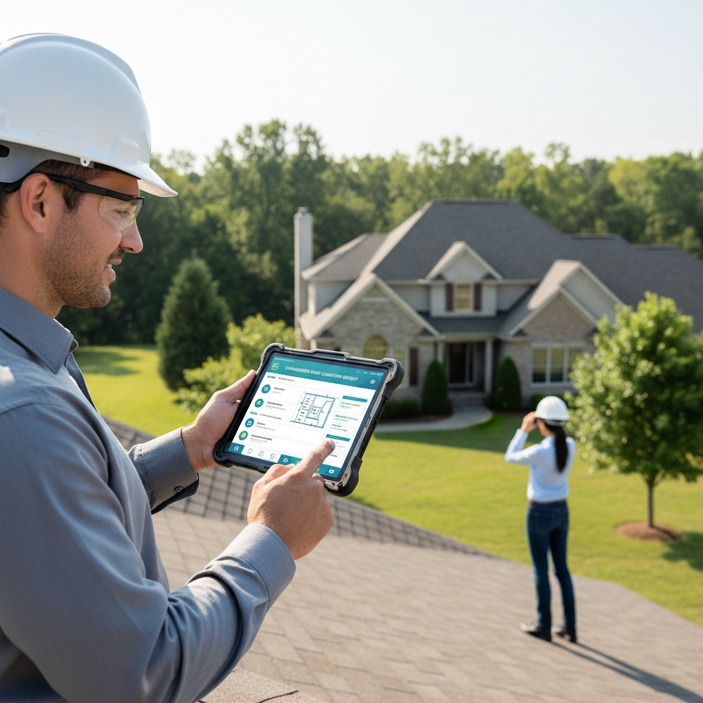 A roofing inspector reviewing a clean, standardized digital roof condition report on a tablet at a residential property