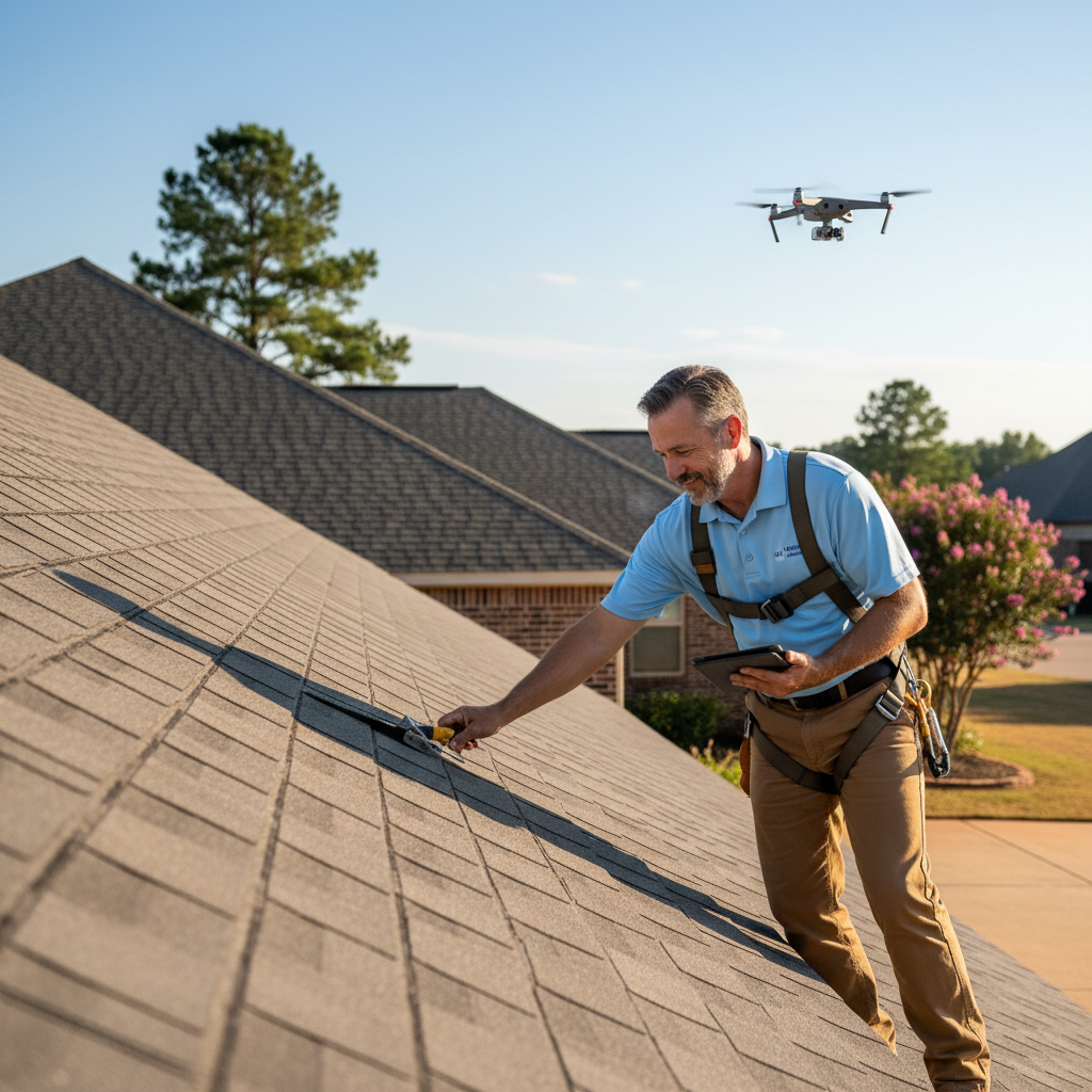 A professional roof inspector examining shingles on a residential home in Tyler, Texas on a clear day