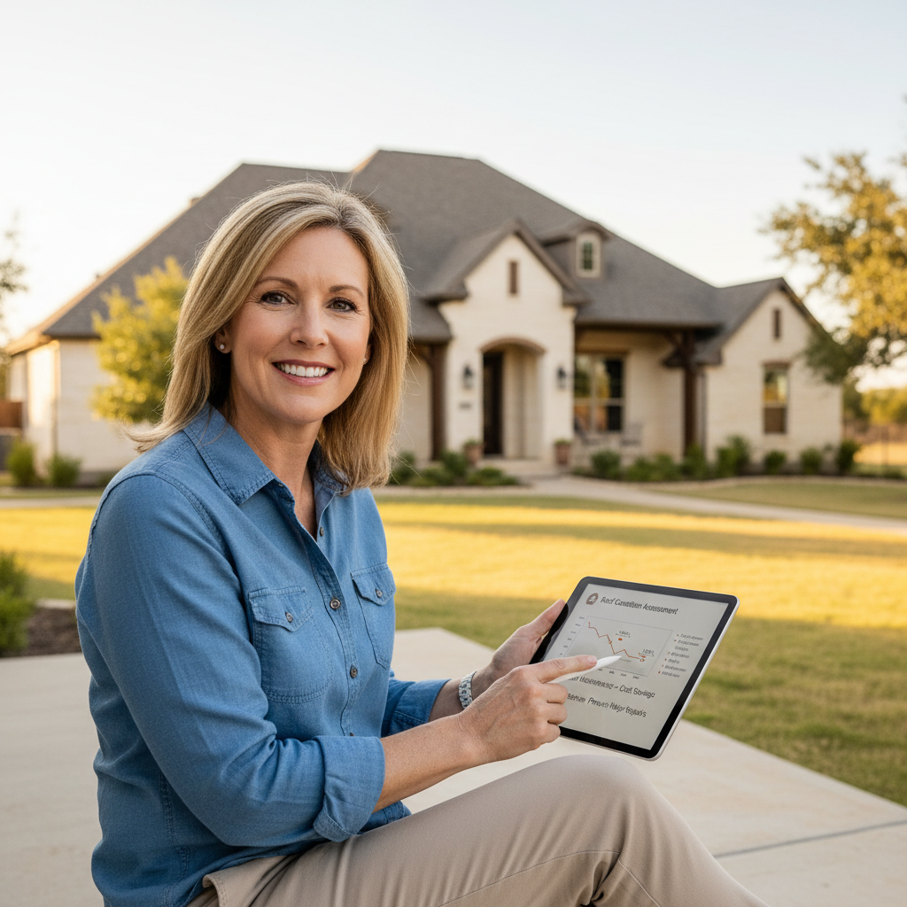 A homeowner reviewing a digital roof condition report on a tablet, with a well-maintained Texas home in the background