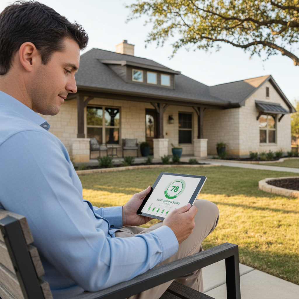 A homeowner reviewing a simple 0-to-100 home health score on a tablet, with a well-maintained Texas home in the background