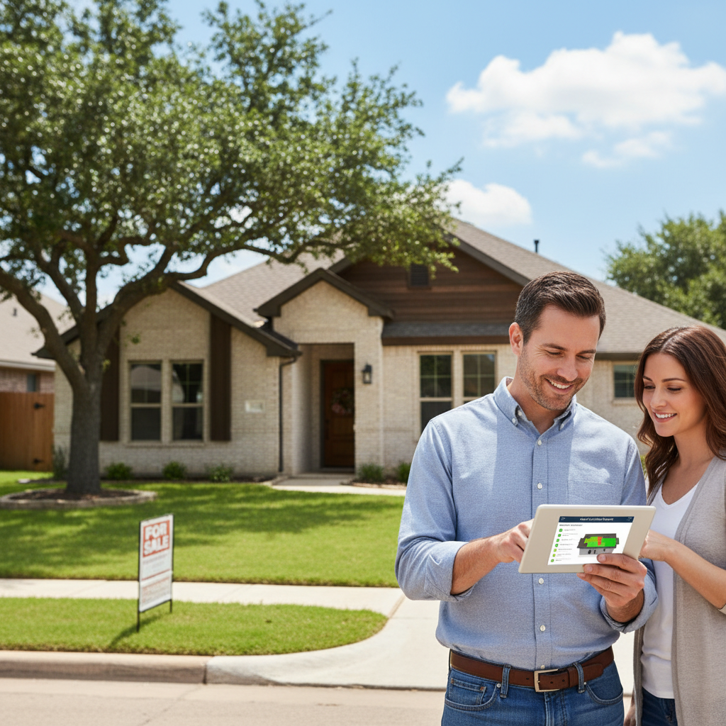 Texas homeowner reviewing a digital roof inspection report on a tablet while standing in front of their home listed for sale