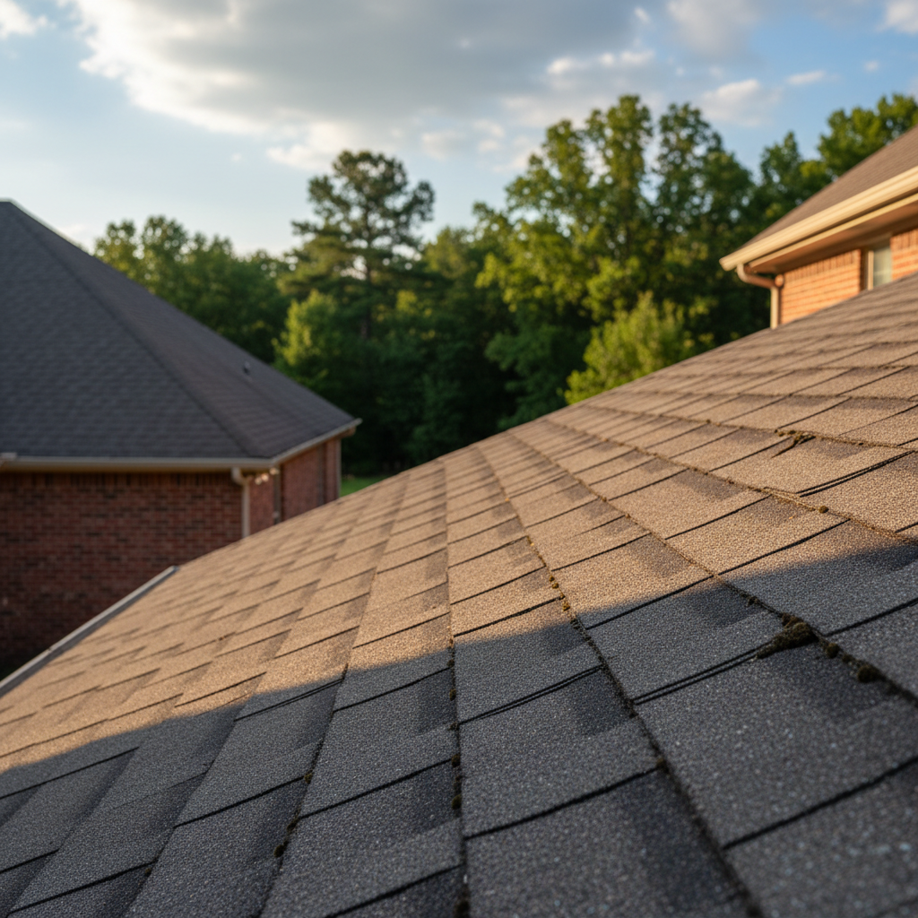 A close-up of weathered asphalt shingles on an East Texas home showing granule loss and slight curling at the edges after storm season