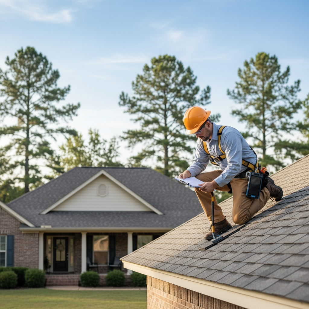 A professional roofing inspector examining shingles on a residential home in East Texas with a clipboard and safety equipment