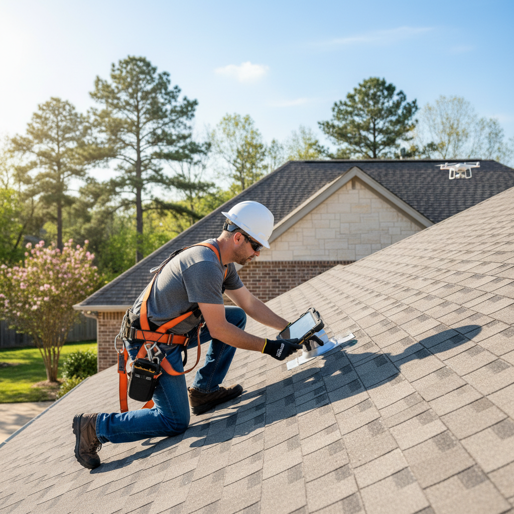 A professional roof inspector examining shingles and flashing on a residential roof in East Texas on a clear day