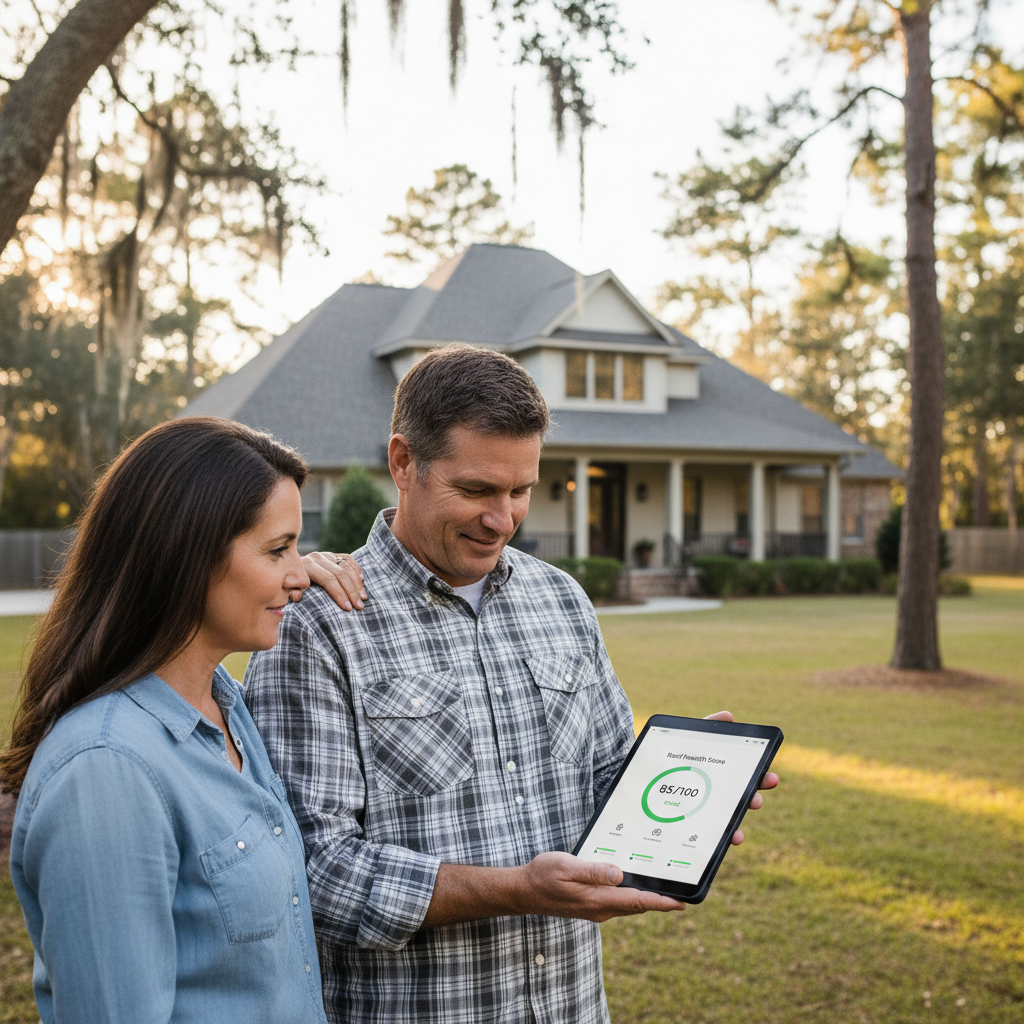 A homeowner reviewing a digital roof health score on a tablet while standing near their home in East Texas