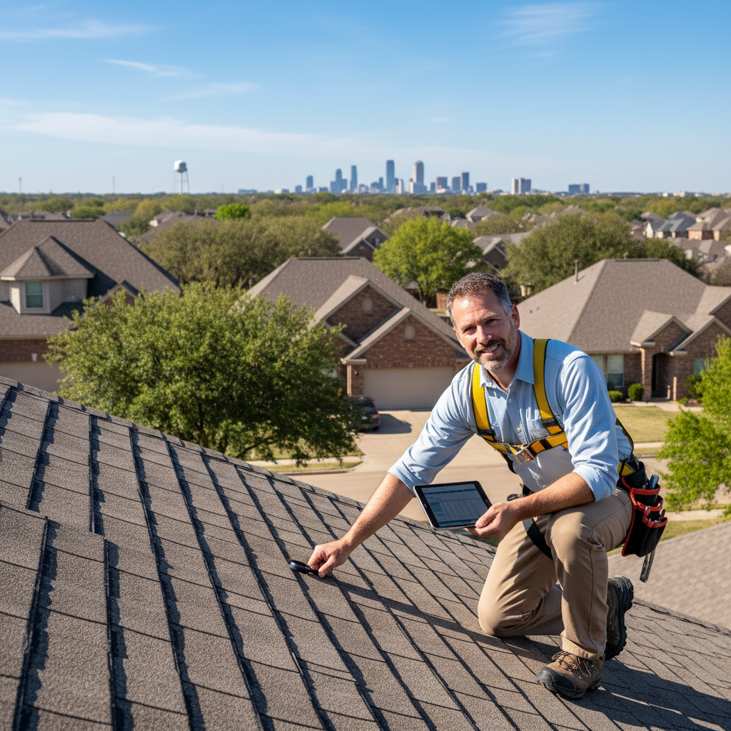 A professional roof inspector examining shingles on a residential home in Tyler, Texas on a clear day