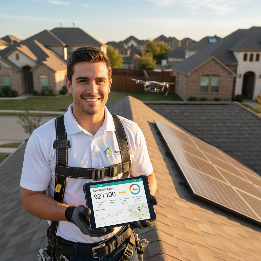 A roofing professional reviewing a tablet showing a roof health score report while standing on a residential roof in Texas