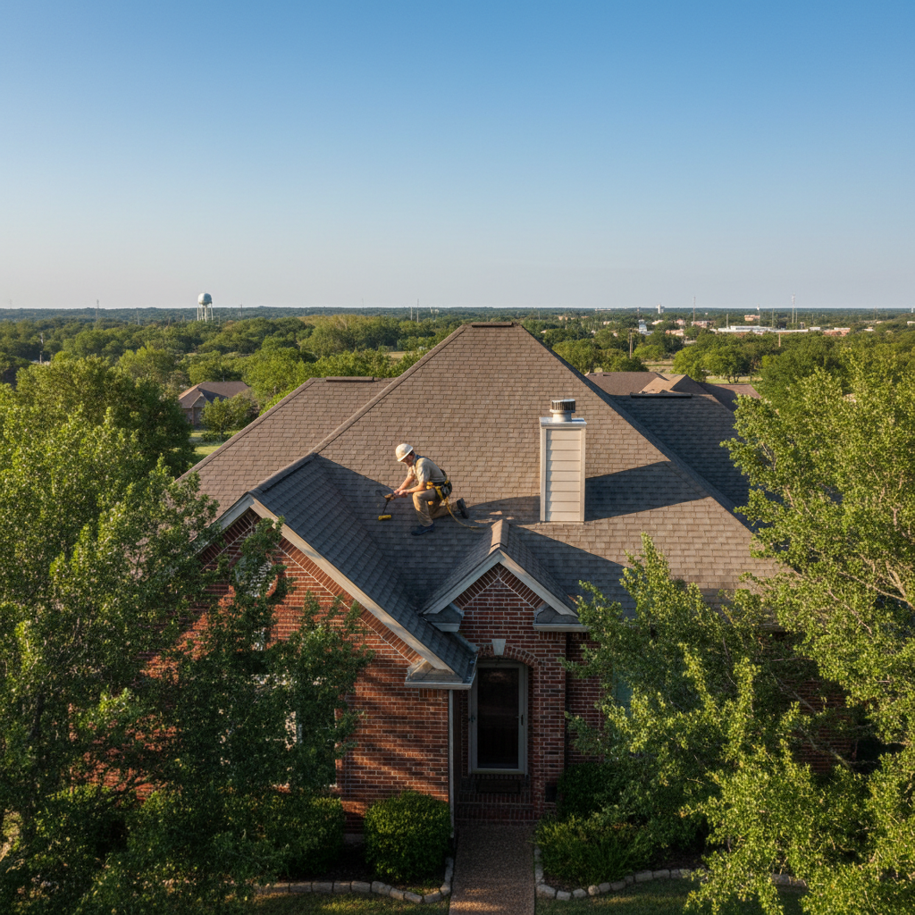 A professional roofing inspector examining a residential roof in East Texas on a clear day