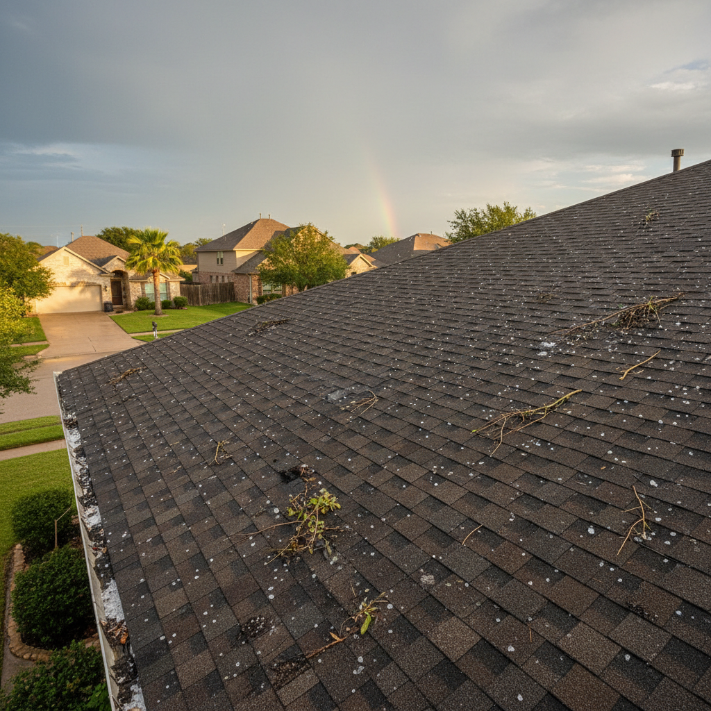Hail damage on asphalt shingles of a Texas home roof with granule loss visible after a storm