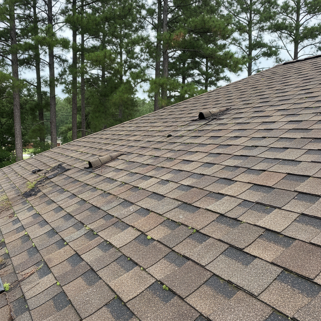 Damaged asphalt shingles on an East Texas home after storm season, showing granule loss and weathering from heat and humidity