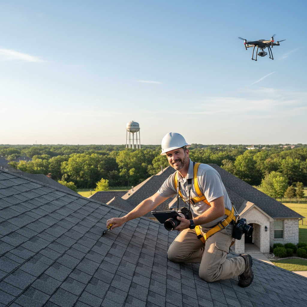 A professional roof inspector examining shingles on a home in Tyler or Longview Texas on a clear day