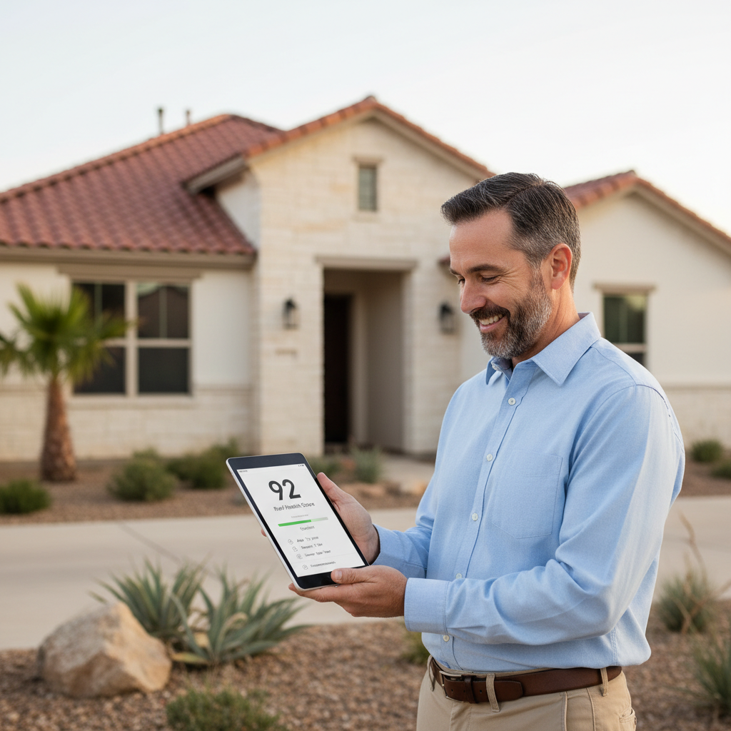 A homeowner reviewing a simple 0–100 roof health score report on a tablet while standing in front of their home in Texas
